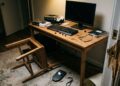 Habitación de trabajo desordenada con el marco de una puerta forzado y un ordenador, representando un robo con violencia física.