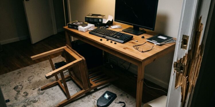 Habitación de trabajo desordenada con el marco de una puerta forzado y un ordenador, representando un robo con violencia física.