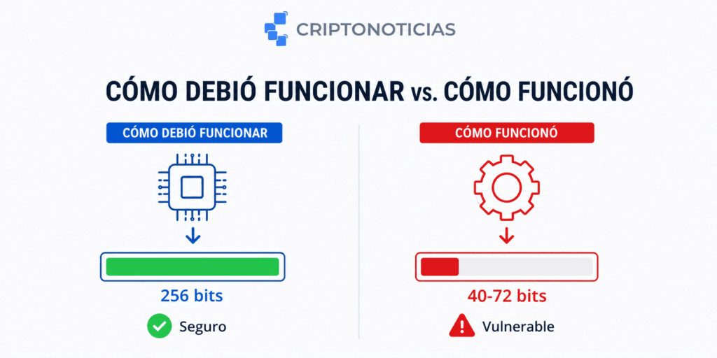 Infografía CriptoNoticias: comparativa RNG Coldcard. Izquierda azul: chip hardware, 256 bits, seguro. Derecha roja: software predecible, 40-72 bits, vulnerable. El fallo permitió robar +1.300 BTC por fuerza bruta con IA.