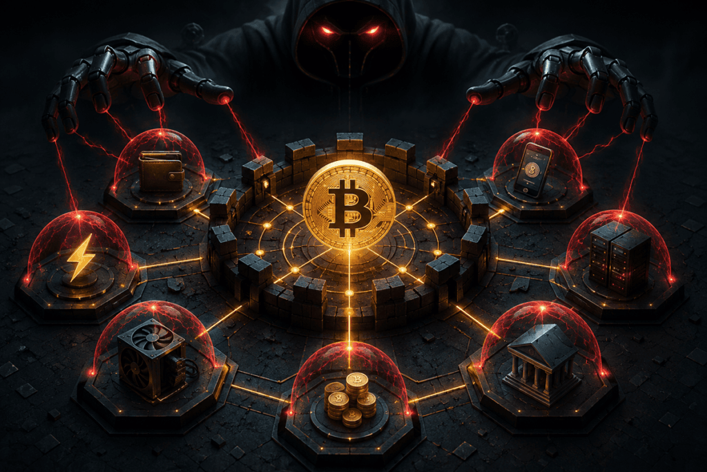 Ilustración de Bitcoin rodeado por servicios del ecosistema bajo amenaza de una IA.