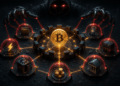 Ilustración de Bitcoin rodeado por servicios del ecosistema bajo amenaza de una IA.