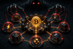 Ilustración de Bitcoin rodeado por servicios del ecosistema bajo amenaza de una IA.
