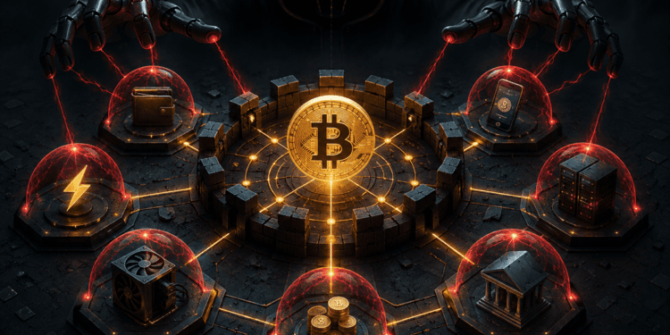 Ilustración de Bitcoin rodeado por servicios del ecosistema bajo amenaza de una IA.