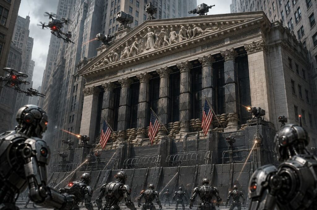 Robots de IA tratando de atacar un edificio de Wall Street.