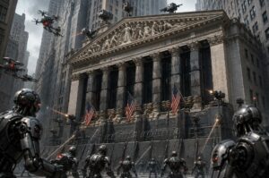 Robots de IA tratando de atacar un edificio de Wall Street.