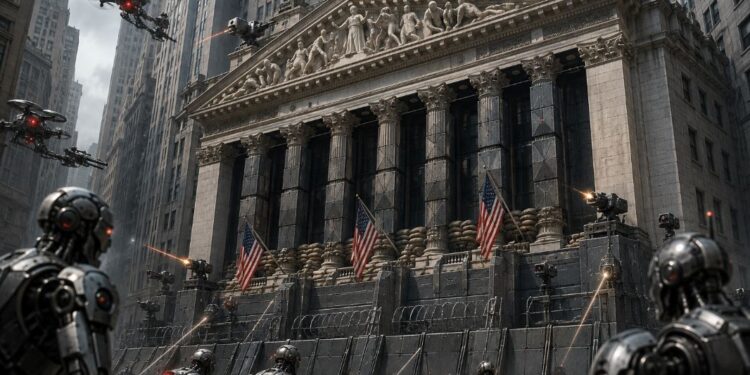 Robots de IA tratando de atacar un edificio de Wall Street.
