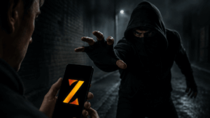 Atacante queriendo robarle a alguien con un teléfono con el logo de la wallet.