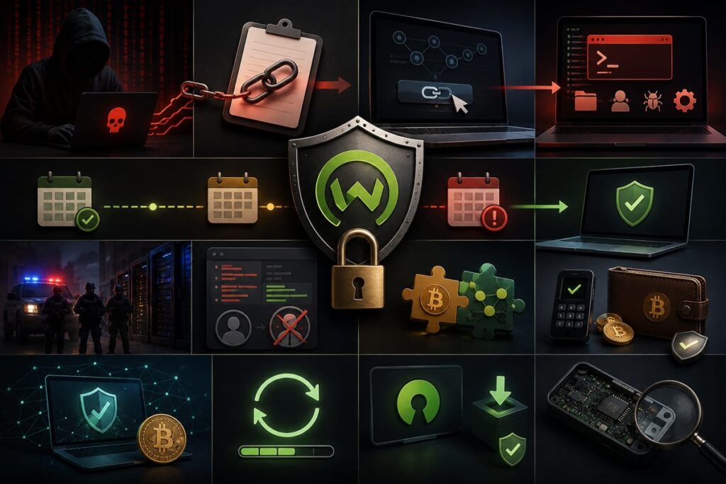 Hacker frente a una laptop, enlaces maliciosos y computadoras vulneradas junto a escudos, candados y wallets de Bitcoin protegidas.