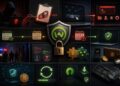 Hacker frente a una laptop, enlaces maliciosos y computadoras vulneradas junto a escudos, candados y wallets de Bitcoin protegidas.