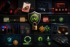 Hacker frente a una laptop, enlaces maliciosos y computadoras vulneradas junto a escudos, candados y wallets de Bitcoin protegidas.