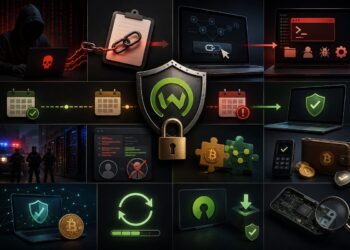 Hacker frente a una laptop, enlaces maliciosos y computadoras vulneradas junto a escudos, candados y wallets de Bitcoin protegidas.