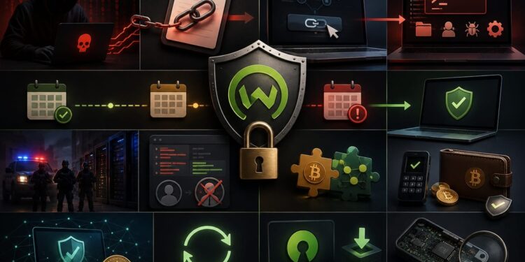 Hacker frente a una laptop, enlaces maliciosos y computadoras vulneradas junto a escudos, candados y wallets de Bitcoin protegidas.