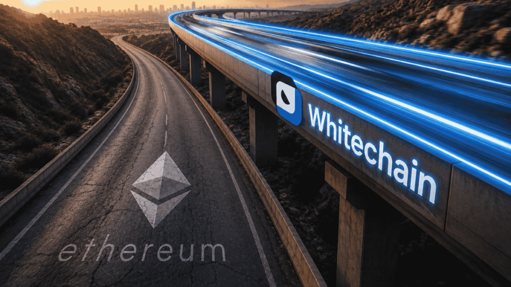 2 autopistas paralelas. Una con el logo de Ethereum, otra con el logo de Whitechain.