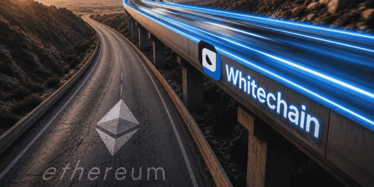 2 autopistas paralelas. Una con el logo de Ethereum, otra con el logo de Whitechain.