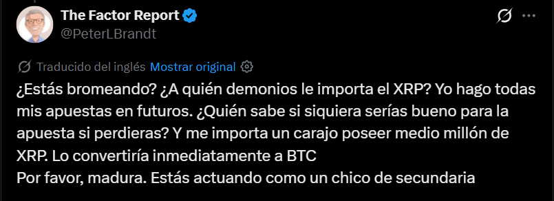 Respuesta de Peter Brandt a un reto con XRP.