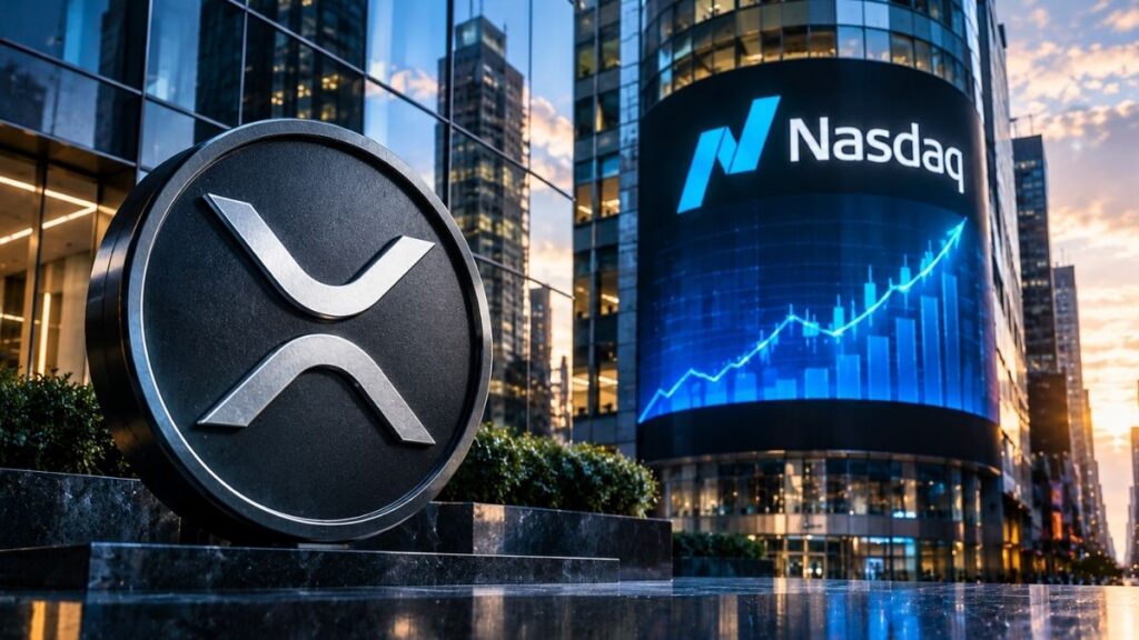 Moneda plateada con el logo de XRP en primer plano frente a una pantalla del edificio Nasdaq.