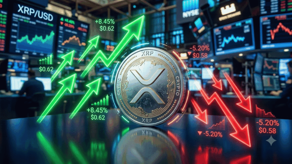 Moneda física de XRP con flechas verdes hacia arriba y flechas rojas hacia abajo.
