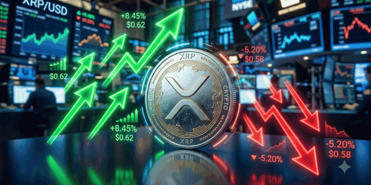 Moneda física de XRP con flechas verdes hacia arriba y flechas rojas hacia abajo.