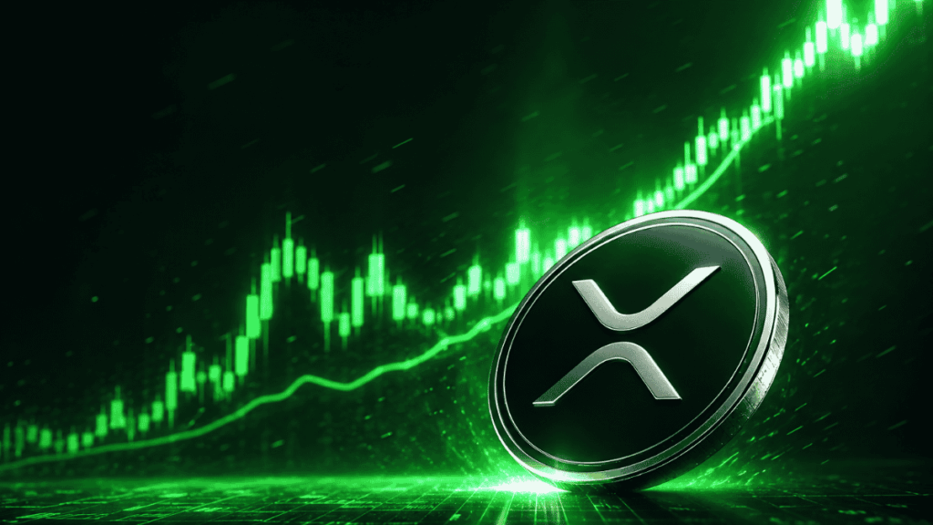 Moneda física de XRP y gráfico de precio genérico ascendente.