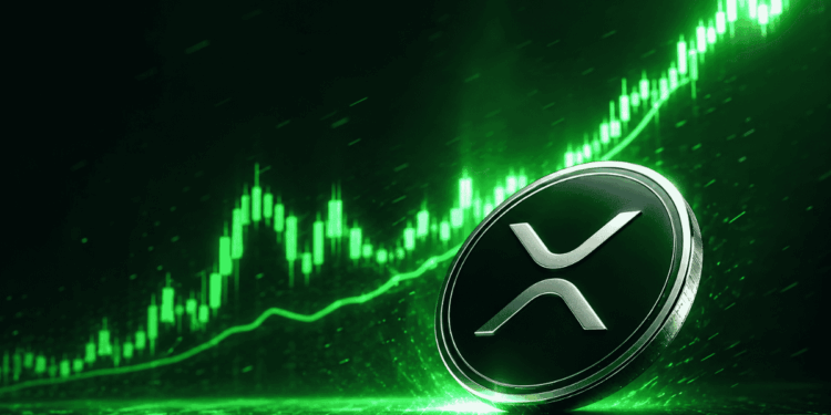 Moneda física de XRP y gráfico de precio genérico ascendente.