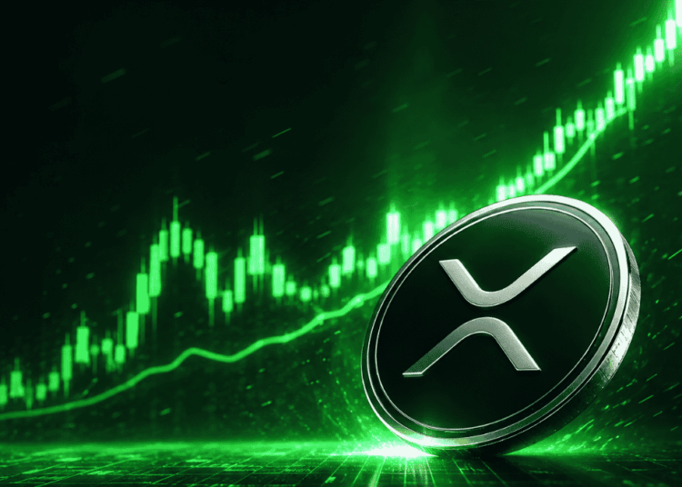 Moneda física de XRP y gráfico de precio genérico ascendente.