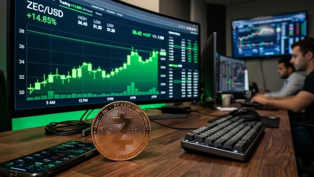 Criptomoneda Zcash con gráficas de mercado en verde en el fondo.