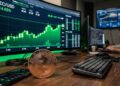 Criptomoneda Zcash con gráficas de mercado en verde en el fondo.