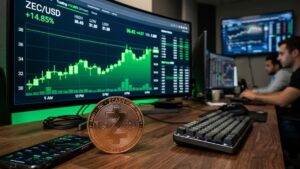Criptomoneda Zcash con gráficas de mercado en verde en el fondo.