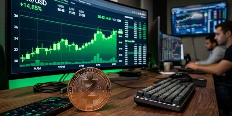 Criptomoneda Zcash con gráficas de mercado en verde en el fondo.