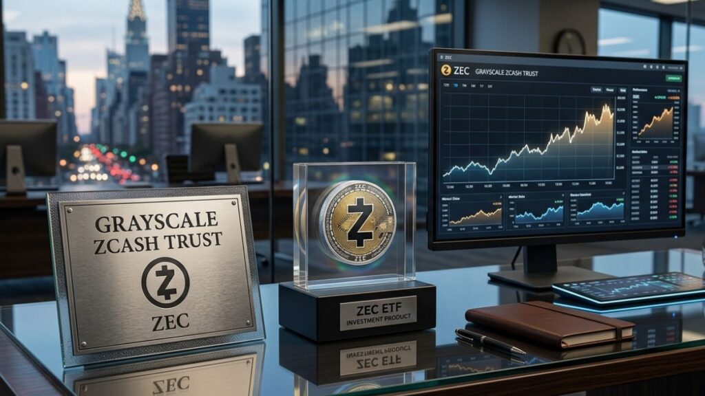 Una oficina de inversiones de Grayscale Zcash Trust con una pantalla de trading que muestra gráficos financieros.
