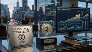 Una oficina de inversiones de Grayscale Zcash Trust con una pantalla de trading que muestra gráficos financieros.