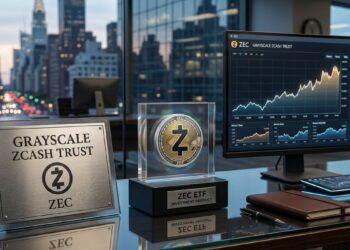 Una oficina de inversiones de Grayscale Zcash Trust con una pantalla de trading que muestra gráficos financieros.