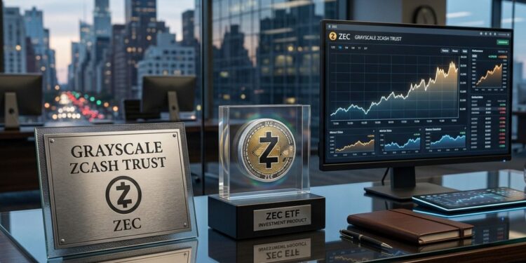Una oficina de inversiones de Grayscale Zcash Trust con una pantalla de trading que muestra gráficos financieros.