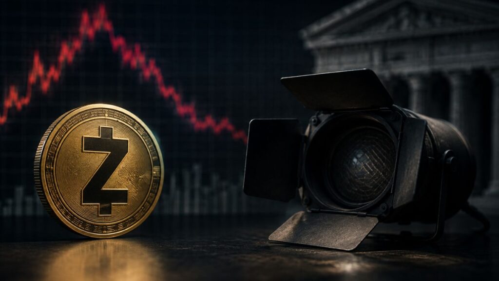 Moneda física de Zcash al lado de un foco de estudio, con un gráfico de precios bajista en rojo.
