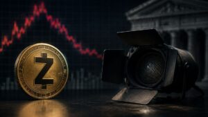 Moneda física de Zcash al lado de un foco de estudio, con un gráfico de precios bajista en rojo.