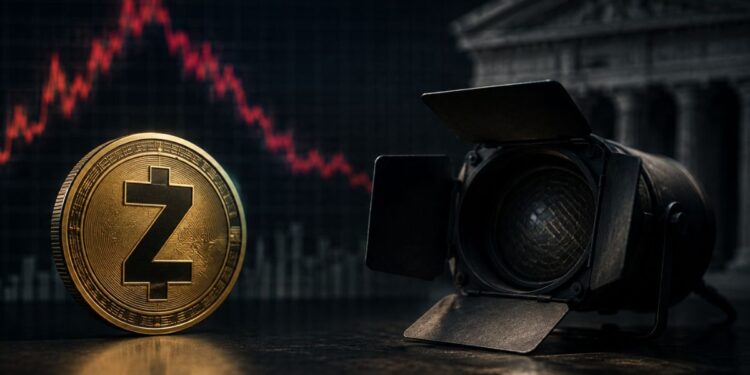 Moneda física de Zcash al lado de un foco de estudio, con un gráfico de precios bajista en rojo.