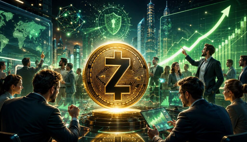 Una moneda física de zcash rodeada de inversionistas.