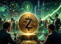 Una moneda física de zcash rodeada de inversionistas.