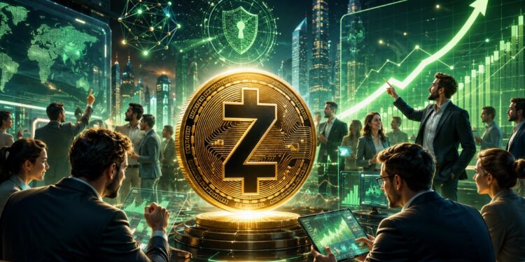 Una moneda física de zcash rodeada de inversionistas.