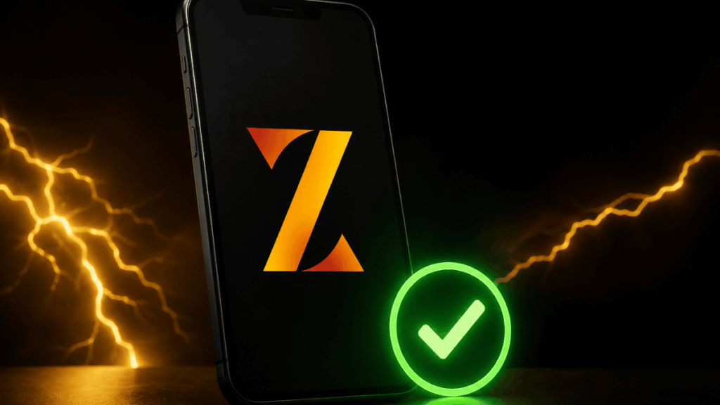 Teléfono con el logo de la wallet zeus y el emoji de check.