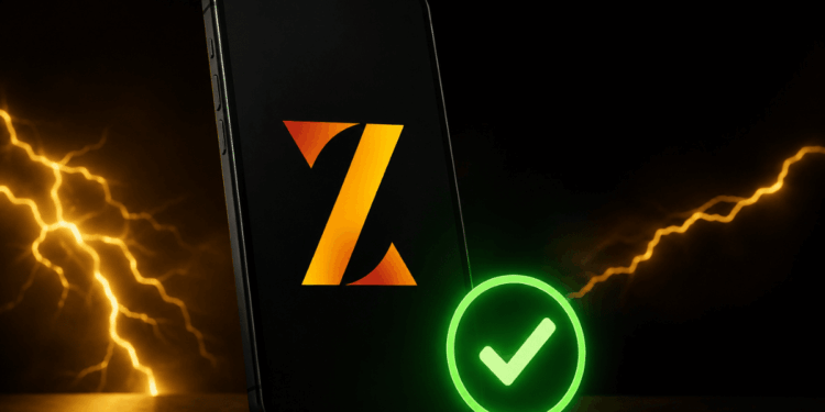 Teléfono con el logo de la wallet zeus y el emoji de check.
