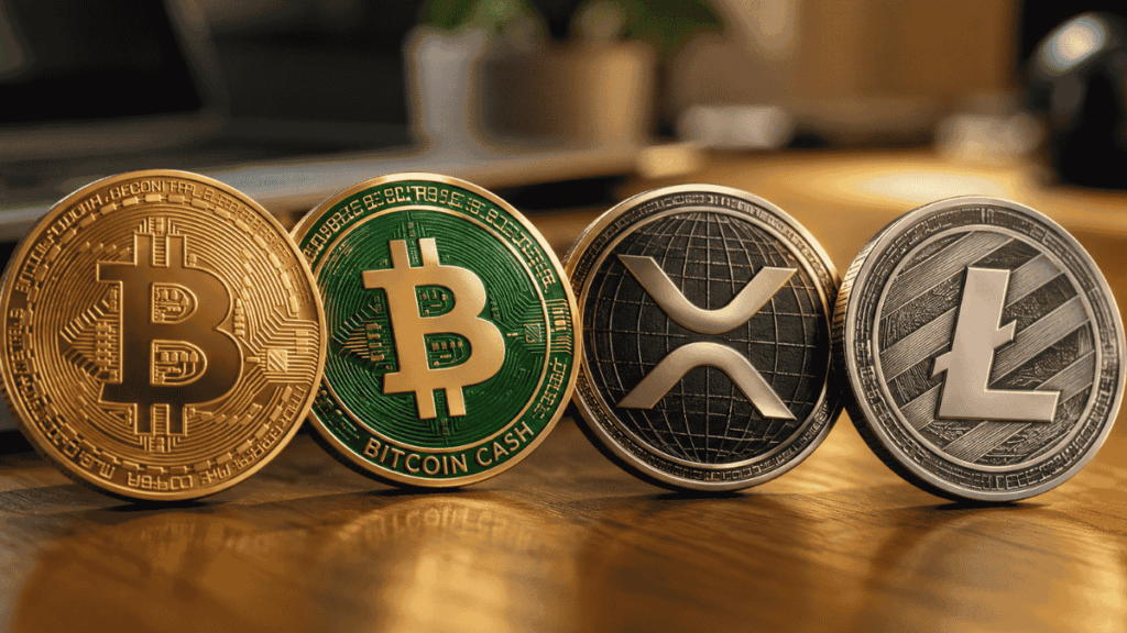 Sobre una mesa, monedas de BTC, BCH, XRP y LTC.