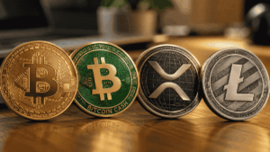 Sobre una mesa, monedas de BTC, BCH, XRP y LTC.