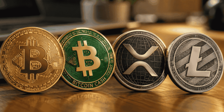 Sobre una mesa, monedas de BTC, BCH, XRP y LTC.