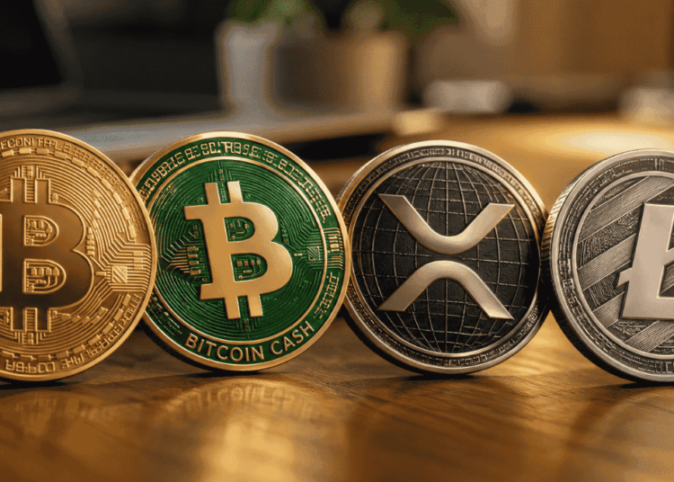 Sobre una mesa, monedas de BTC, BCH, XRP y LTC.