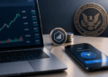 Laptop con gráficos bursátiles, un teléfono con una acción tokenizada y el sello de la SEC al fondo.