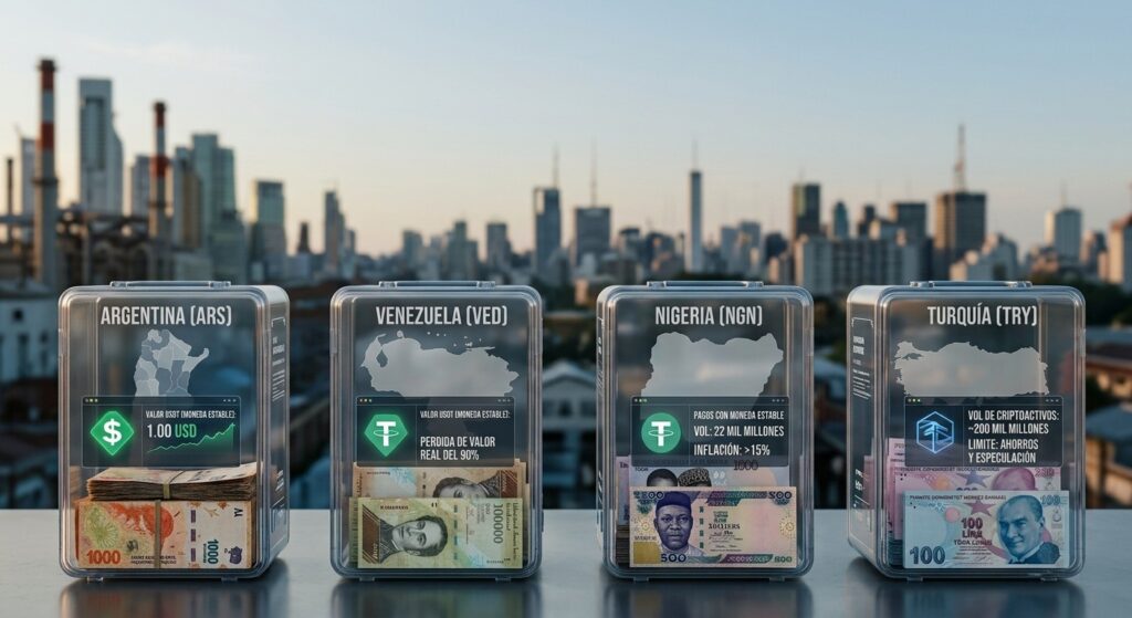 Cuatro contenedores de vidrio transparente ubicados sobre una superficie metálica frente a un panorama urbano iluminado por la luz del atardecer. Cada contenedor incluye fajos de billetes de las monedas locales de Argentina, Venezuela, Nigeria y Turquía.