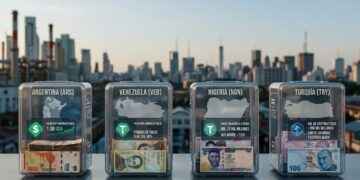 Cuatro contenedores de vidrio transparente ubicados sobre una superficie metálica frente a un panorama urbano iluminado por la luz del atardecer. Cada contenedor incluye fajos de billetes de las monedas locales de Argentina, Venezuela, Nigeria y Turquía.