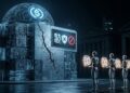 Ilustración de un banco central futurista construido con bloques de datos y circuitos, con el símbolo de USDC en la cúpula y una grieta visible en su estructura. Frente al edificio, una fila de robots de inteligencia artificial sostiene monedas de USDC. Al fondo, siluetas de instituciones financieras observan desde las sombras. La imagen representa la contradicción central de Arc: una red que opera como banco central de la IA pero no ofrece garantías ni responsabilidad legal sobre los activos de los usuarios.