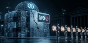 Ilustración de un banco central futurista construido con bloques de datos y circuitos, con el símbolo de USDC en la cúpula y una grieta visible en su estructura. Frente al edificio, una fila de robots de inteligencia artificial sostiene monedas de USDC. Al fondo, siluetas de instituciones financieras observan desde las sombras. La imagen representa la contradicción central de Arc: una red que opera como banco central de la IA pero no ofrece garantías ni responsabilidad legal sobre los activos de los usuarios.
